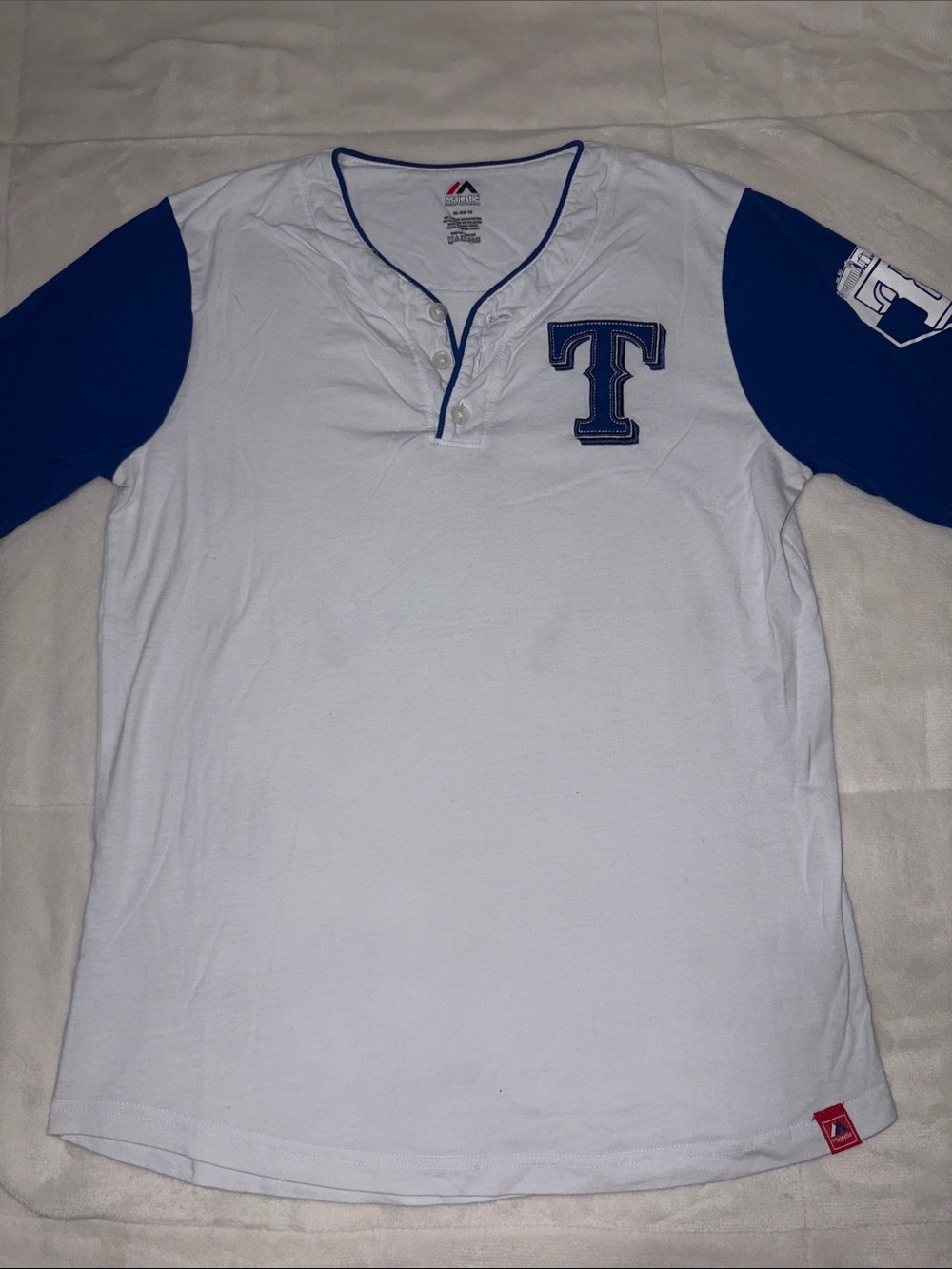 Texas Rangers White and Royal Blue Henley Baseball Shirt